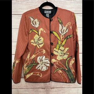 Indigo Moon Women's Blazer Jacket XS Coral Floral Button Up Embroidered Applique